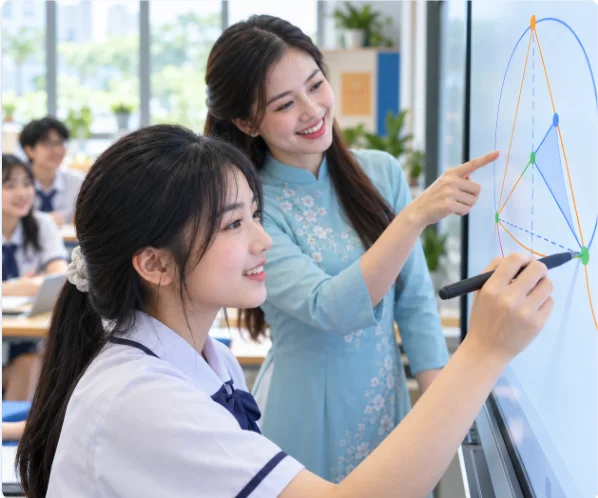 Bảng thông minh — học sinh lên bảng, giáo viên mời, cả lớp cùng theo dõi